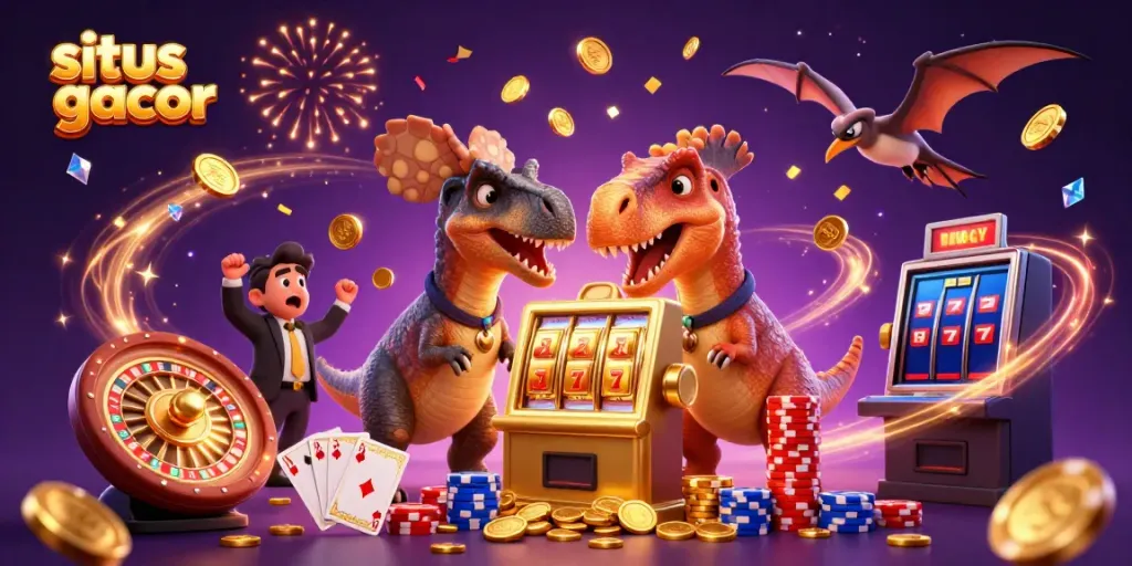 Permainan situs gacor dengan dinosaurus dan mesin slot yang memberikan jackpot koin emas