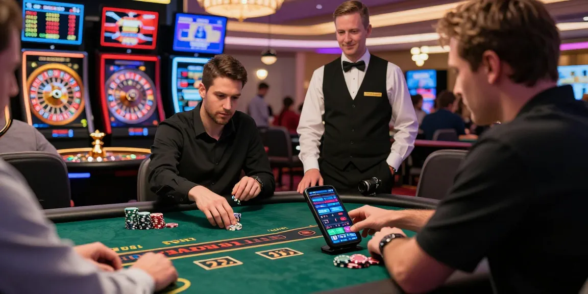 Grandbetting player engaged in strategic betting at a busy casino table with vibrant lights.