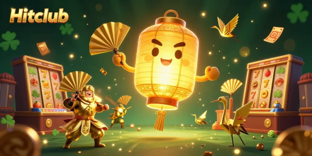 Hitclub's vibrant casino world featuring a glowing lantern spirit and rich slot game elements.