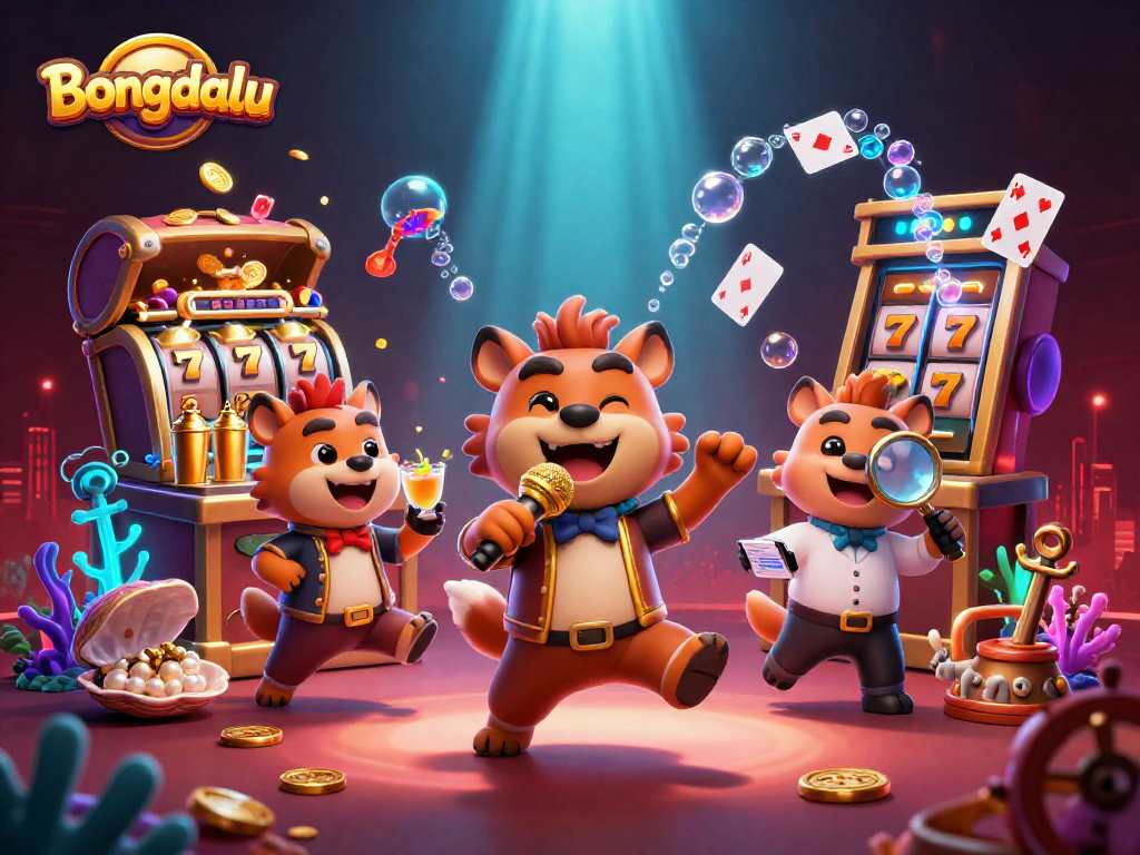 Bongdalu showcases hyenas in a lively casino scene with golden slots, bar, and comedy.