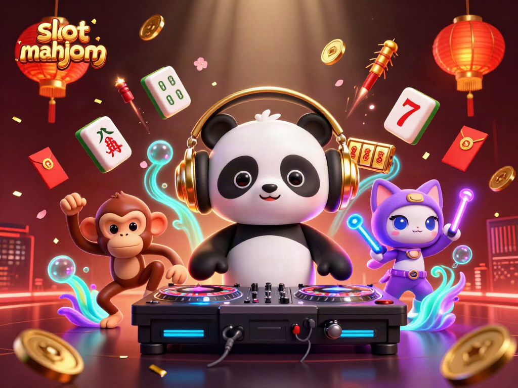 Engage in slot mahjong action with a vibrant 3D casino illustration featuring fun characters.