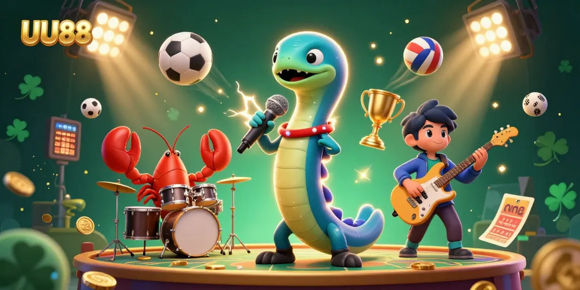 Engage with UU88 in this vibrant underwater casino scene featuring a DJ eel and dynamic sports elements.