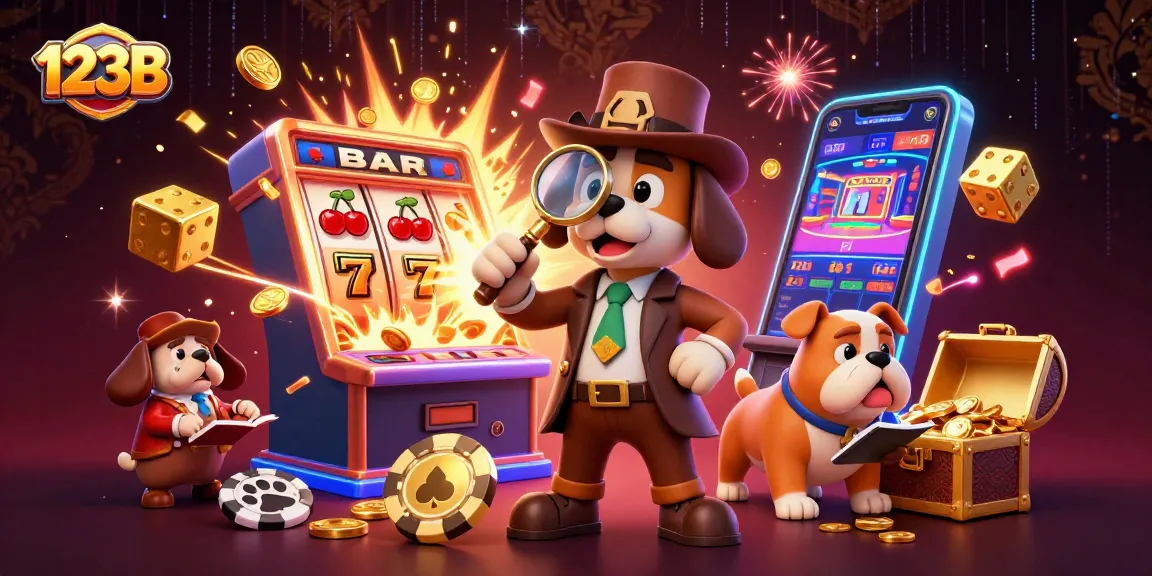 123B enhances gaming excitement with a cartoon detective revealing secrets amidst dynamic casino elements.