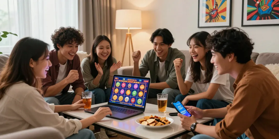 Friends enjoying SLOT ONLINE games on a laptop, celebrating wins in a cozy living room atmosphere.