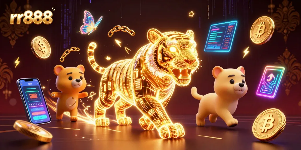 Engage with rr888 at a vibrant digital casino showcasing a neon tiger and crypto elements.