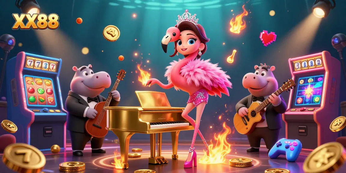 Experience the thrill of XX88's vibrant casino scene with a flamingo singer and jackpot symbols.