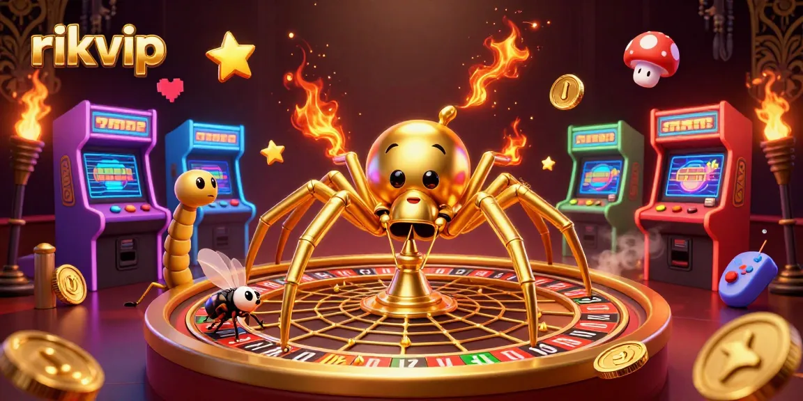 rikvip offers an immersive betting experience with a golden roulette wheel, colorful arcade games, and unique characters.