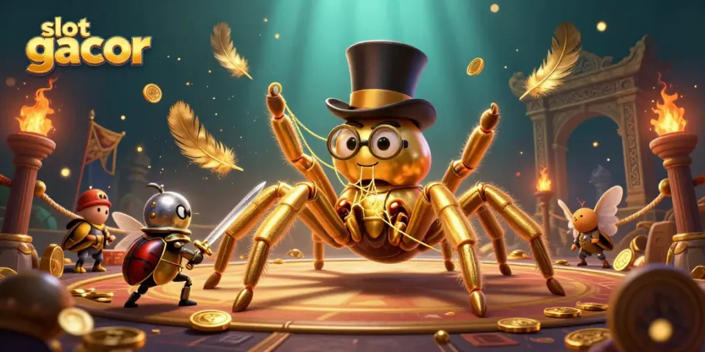 Visualisasi slot gacor yang dinamis dengan karakter unik bertema kasino.