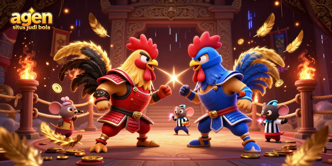 Experience thrilling action in agen situs judi bola with cartoon roosters in battle, surrounded by golden coins.