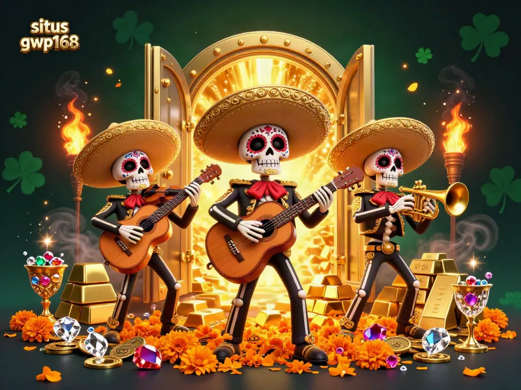Merayakan kesenangan di situs gwp168 dengan band mariachi tengkorak dalam suasana kasino yang berkilauan.