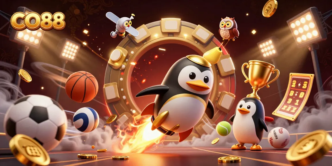Join the CO88 adventure as a golden penguin rockets through a casino space station with sports elements.