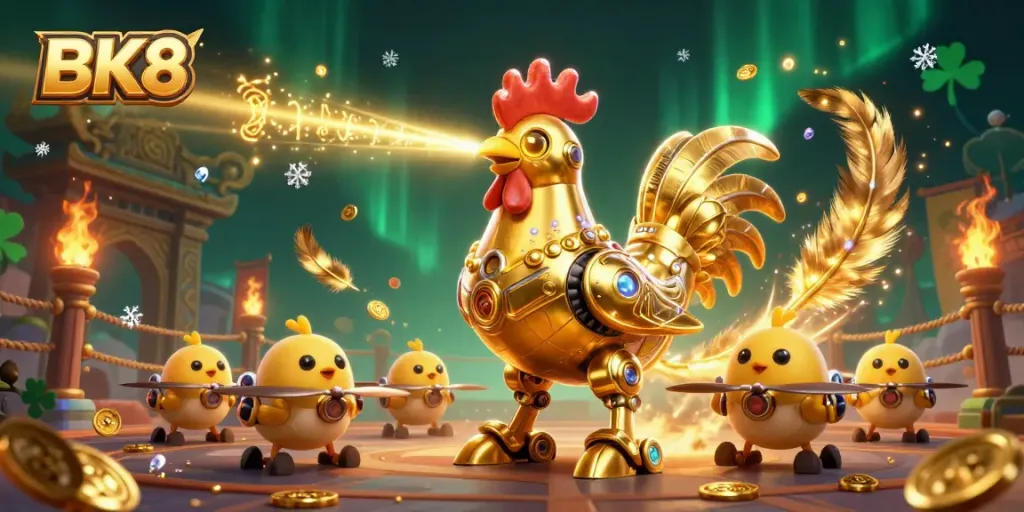 Engage with BK8's golden rooster robot and baby chick drones in a vibrant casino scene.