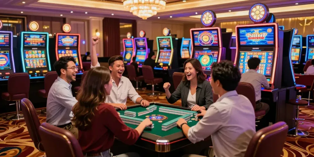 Permainan slot Mahjong yang menarik dengan pemain merayakan kemenangan di kasino.