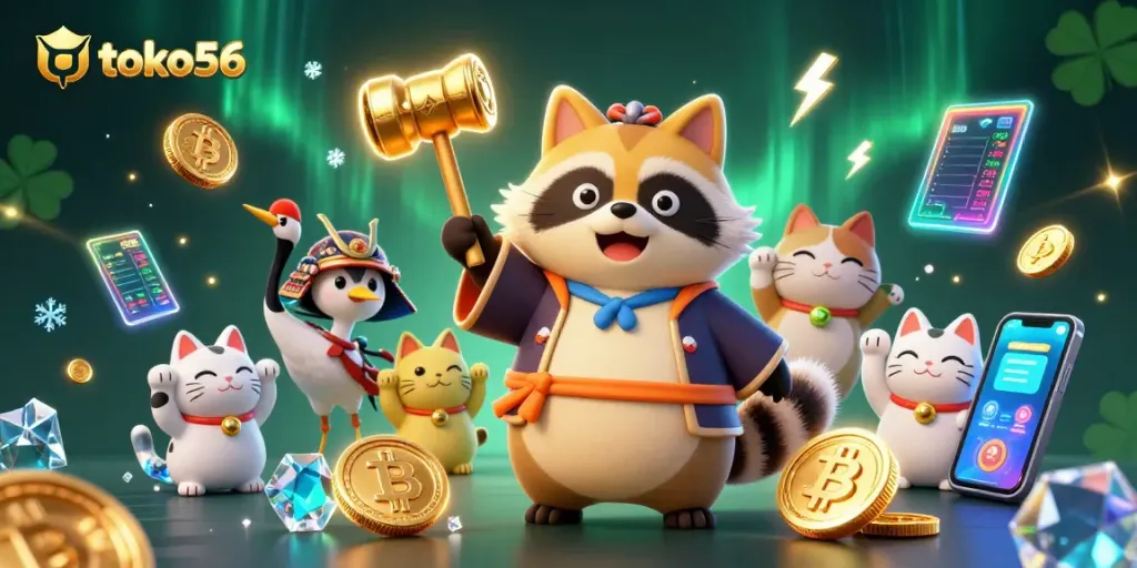 Menangkan jackpot di toko56 dengan simbol keberuntungan dan koin kripto yang bersinar.