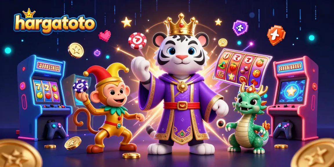 Engage with hargatoto as a vibrant 3D cartoon scene featuring a lucky tiger, playful monkey, and glowing casino elements.