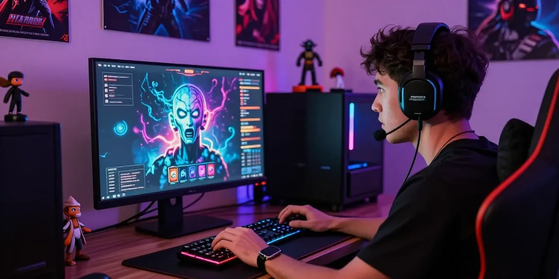 Engaging mind control porn game scene with a focused gamer in a vibrant gaming setup.