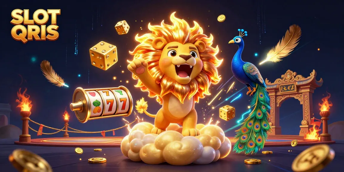 Experience the excitement of SLOT QRIS with a roaring lion and golden dice, surrounded by vibrant game elements.