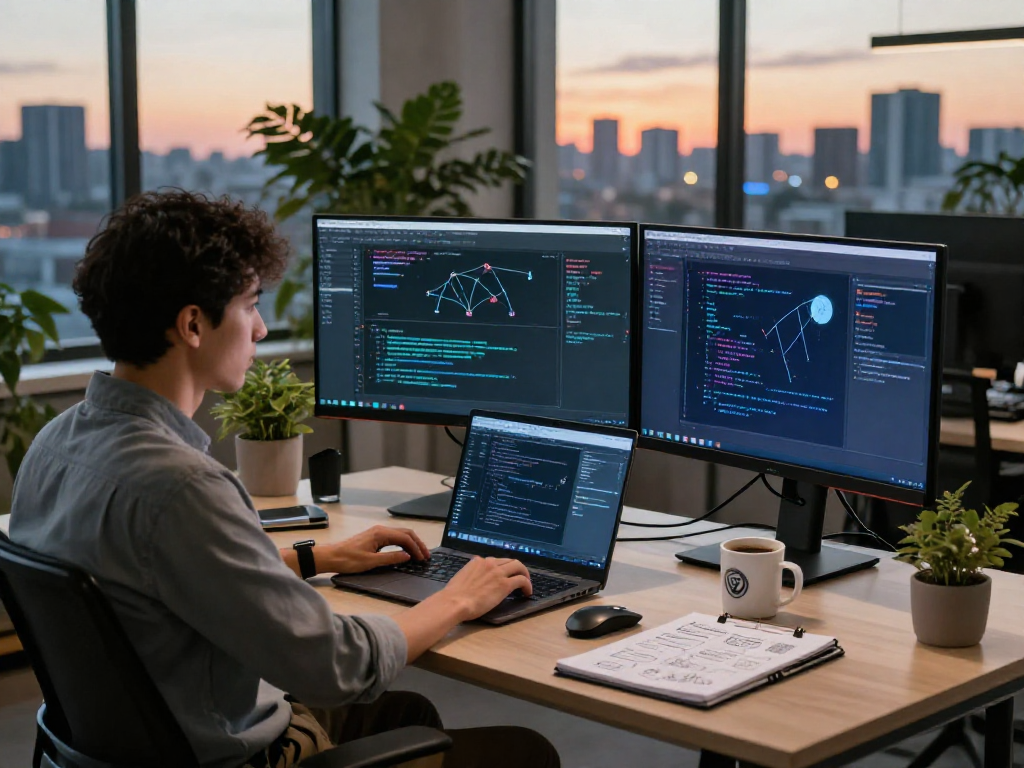 Developer dalam lingkungan kerja wifi4d modern dengan perangkat canggih dan suasana inspiratif.
