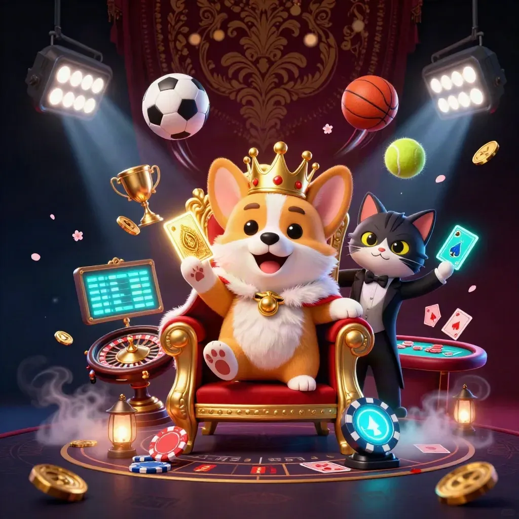 Crowned corgi and cat butler amid casino lights, coins, and glowing game props.