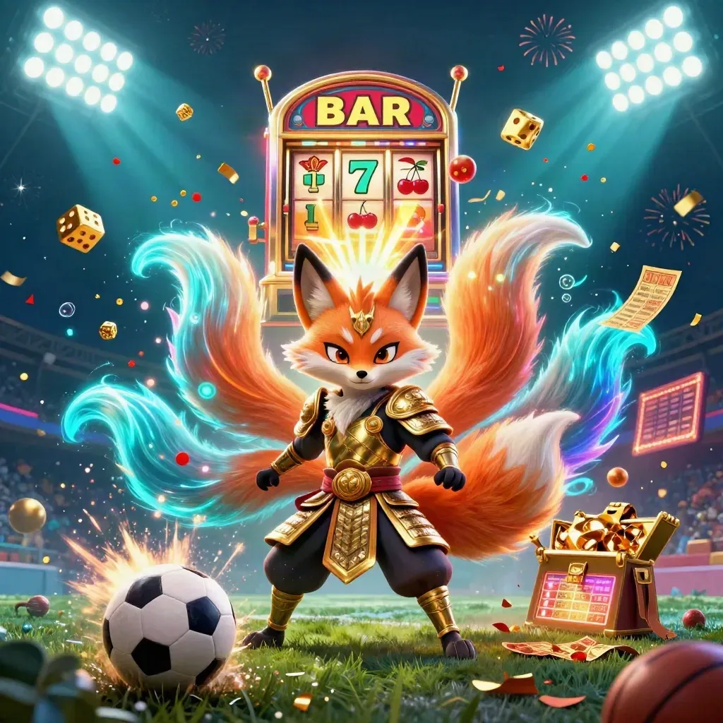 Neon fox spirit and golden mouse amid slot bursts, flying balls, gold, confetti, and casino lights