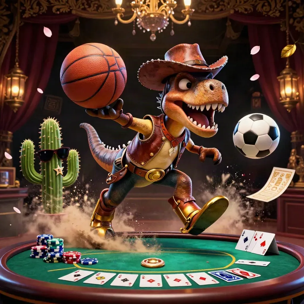 Cowboy T-Rex, cactus, and roadrunner amid casino props and flying basketballs