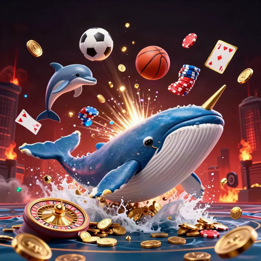 Whale, narwhal, dolphins and casino tokens explode around sports balls in a neon dark casino scene.