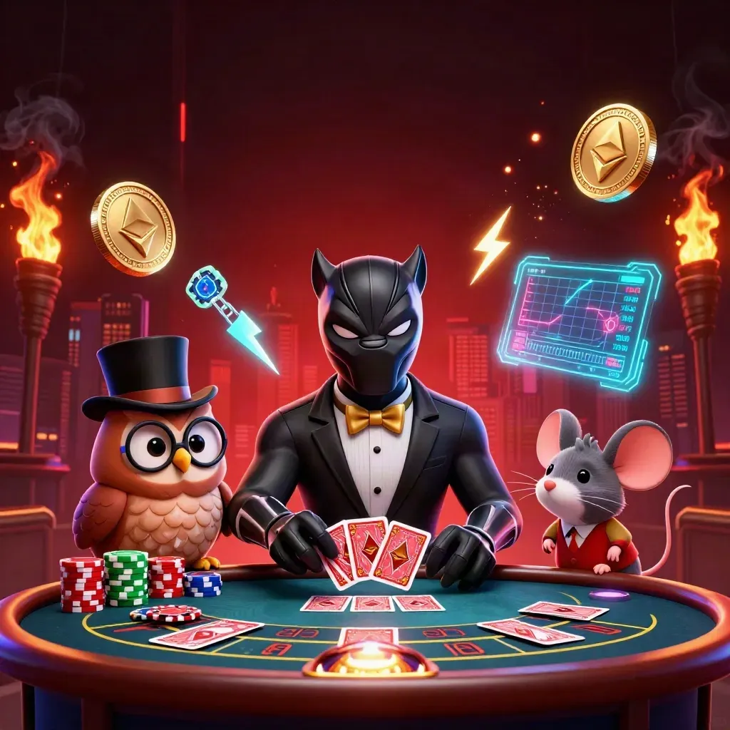 Cartoon casino heroes: tuxedo panther, owl, and mouse amid neon coins and dark red glow.