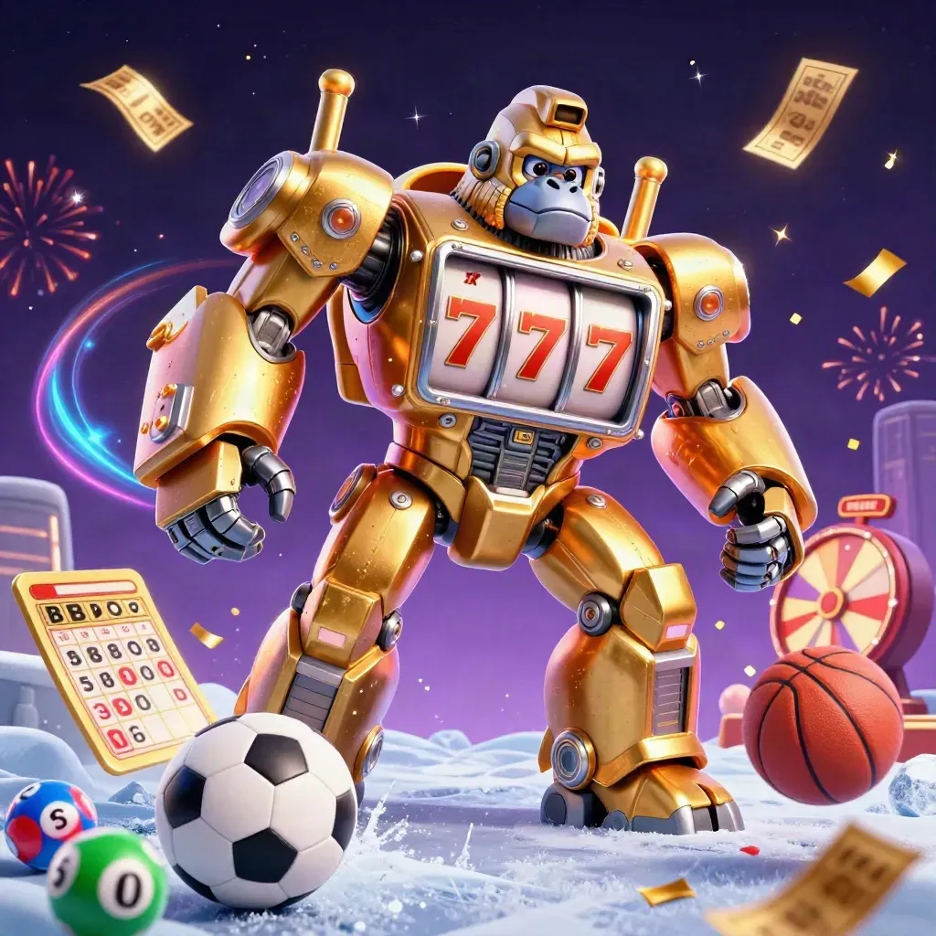 Golden gorilla mech in a neon casino blast with balls, bingo card, prize wheel, and confetti.