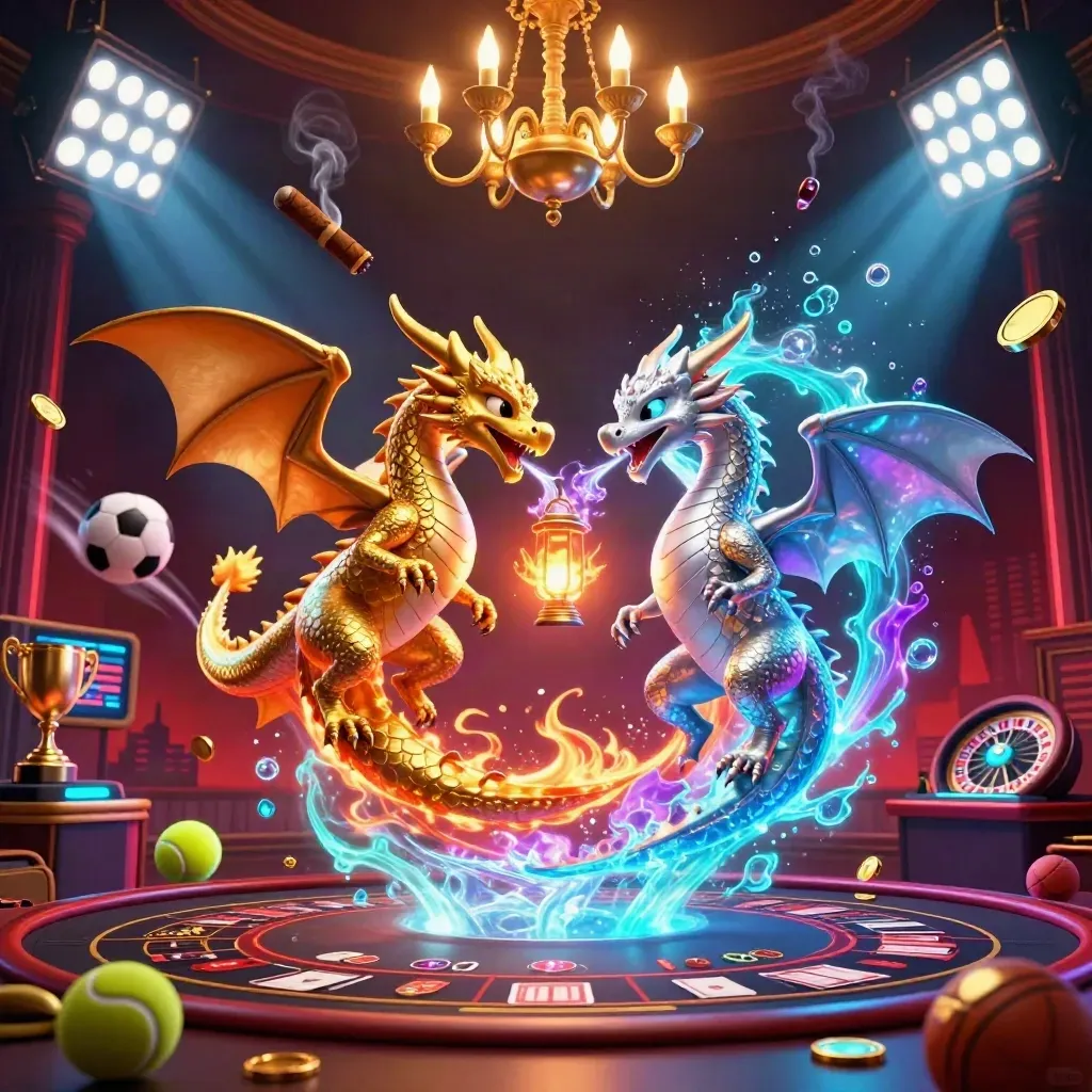 Gold and silver dragons swirl over casino props in neon cyan and gold.