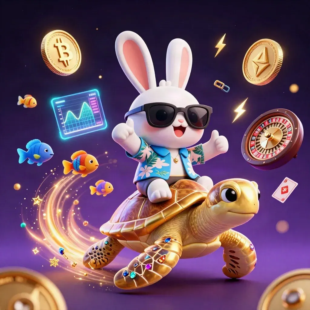 Lucky rabbit on golden turtle amid neon coins, roulette wheel, cards, and casino glow.