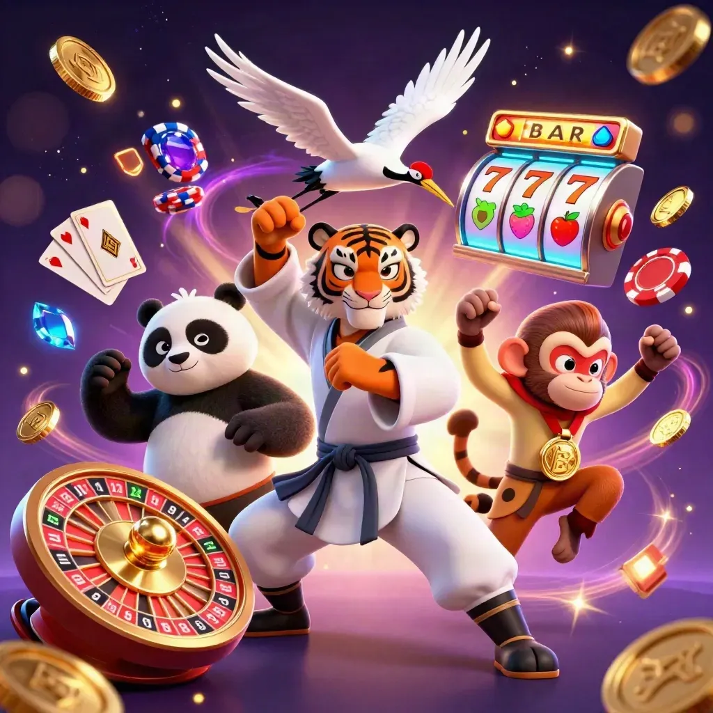 Tiger, panda, and monkey in a glowing casino kung-fu burst with coins, chips, cards, and neon energy