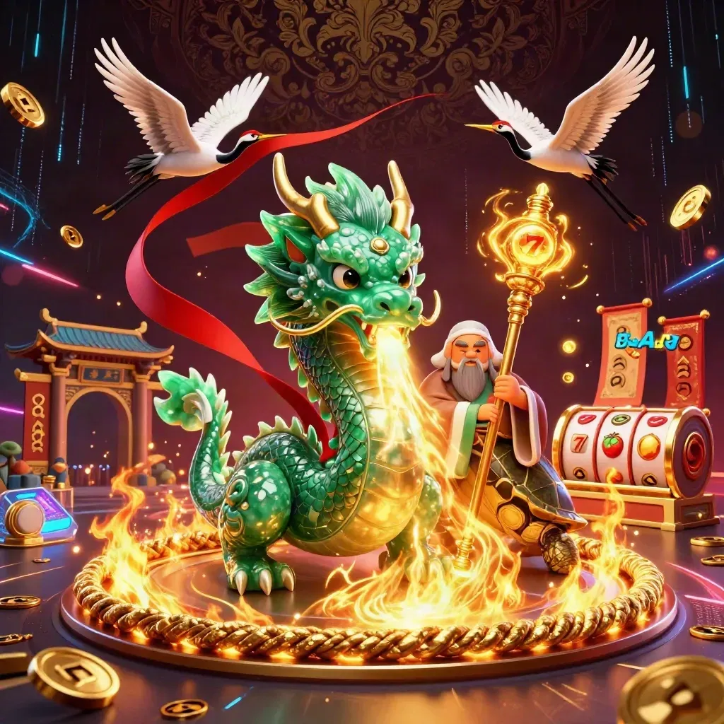 Emerald dragon, turtle sage, and cranes amid casino relics and cyan-gold magic