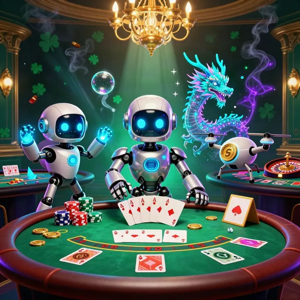 Cyberpunk robot, AI dragon and coin drone over a glowing casino table with cards and chips.