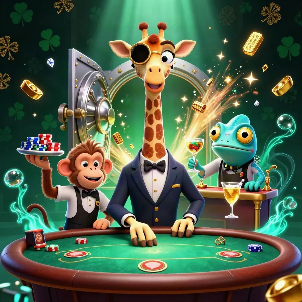 Giraffe, monkey, and chameleon around an open vault with gold, gems, and cyan glow