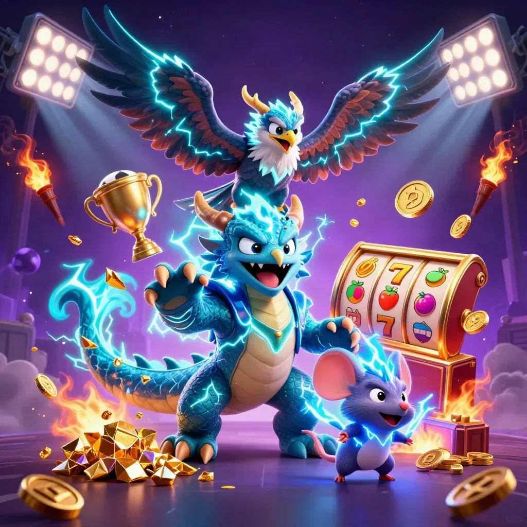Thunder dragon, hawk, and mouse amid coins, trophies, floodlights, and neon casino loot.