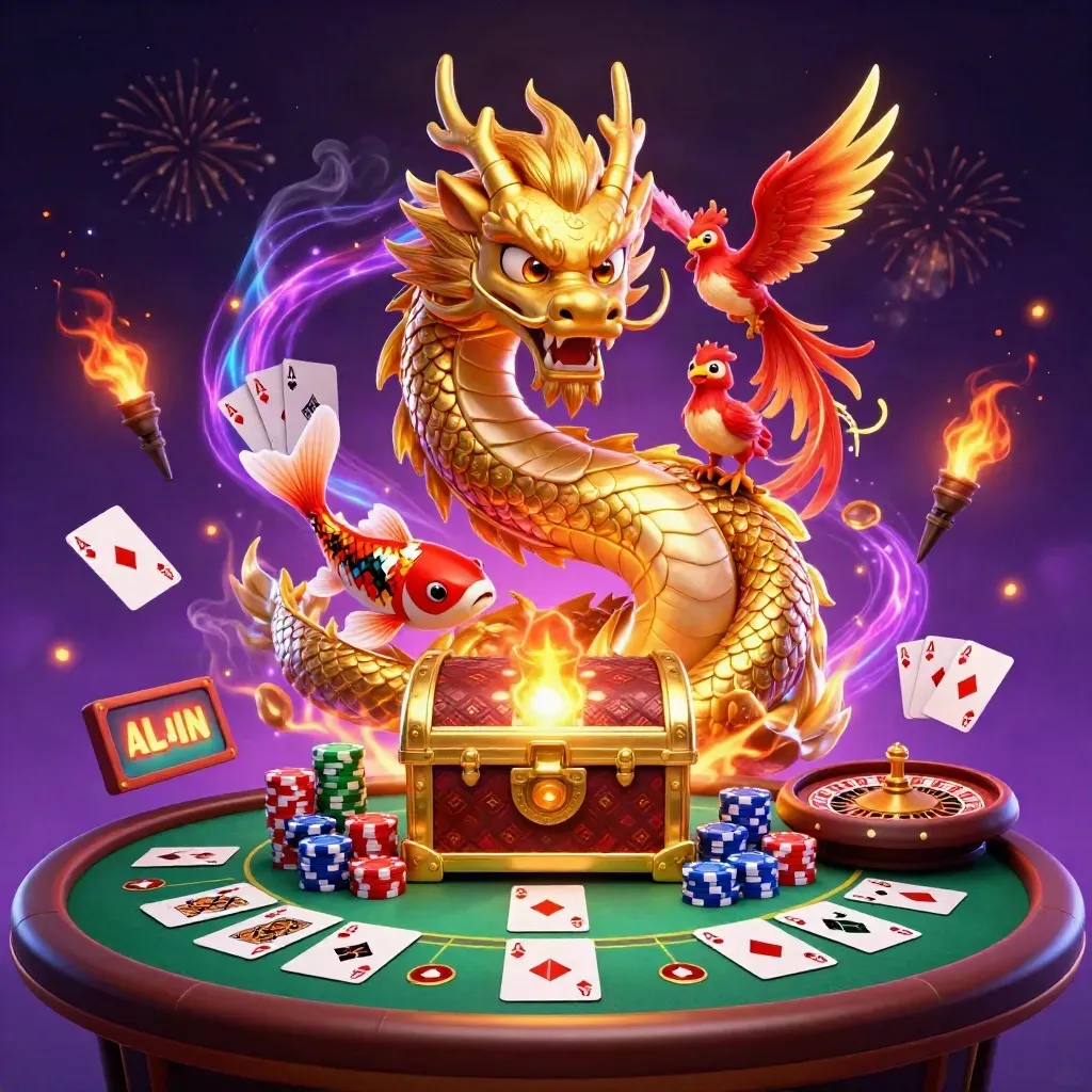 Golden dragon, phoenix, koi, casino chips, cards, roulette and glowing treasure in a dark neon burst.