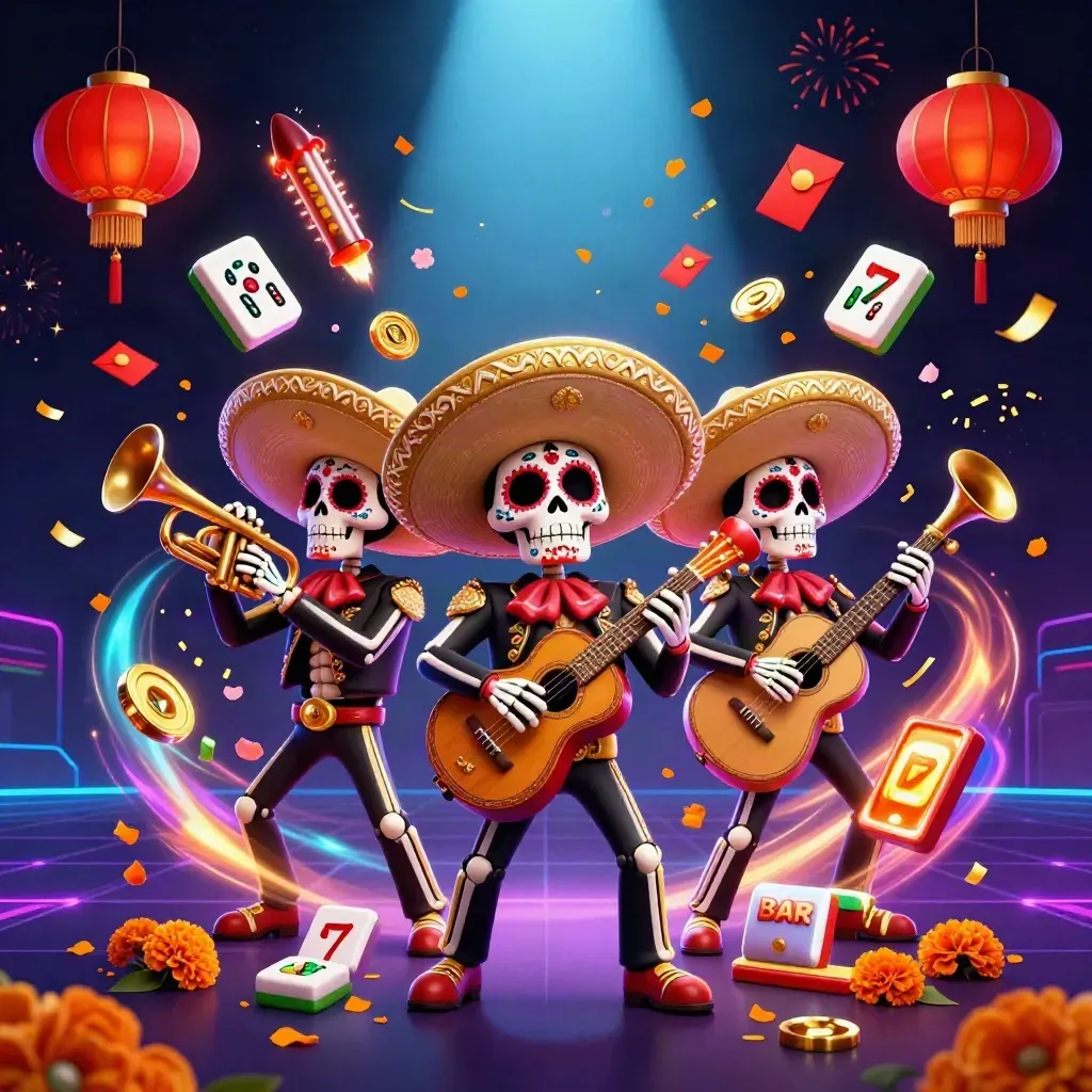 Skeleton mariachi trio amid casino charms, lanterns, coins, fireworks, and neon cyan glow.