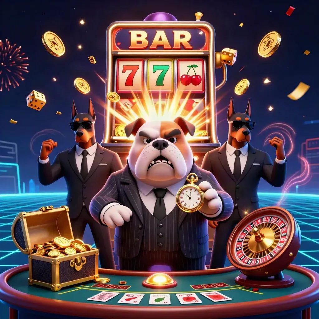 Bulldog boss and bodyguards amid exploding slot machine, coins, fireworks, and neon casino glow.