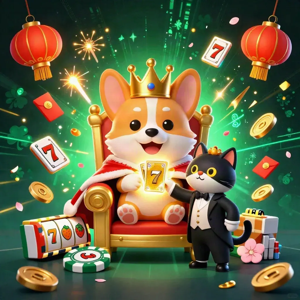 Royal corgi and cat butler on a chip throne amid lucky casino symbols and neon effects