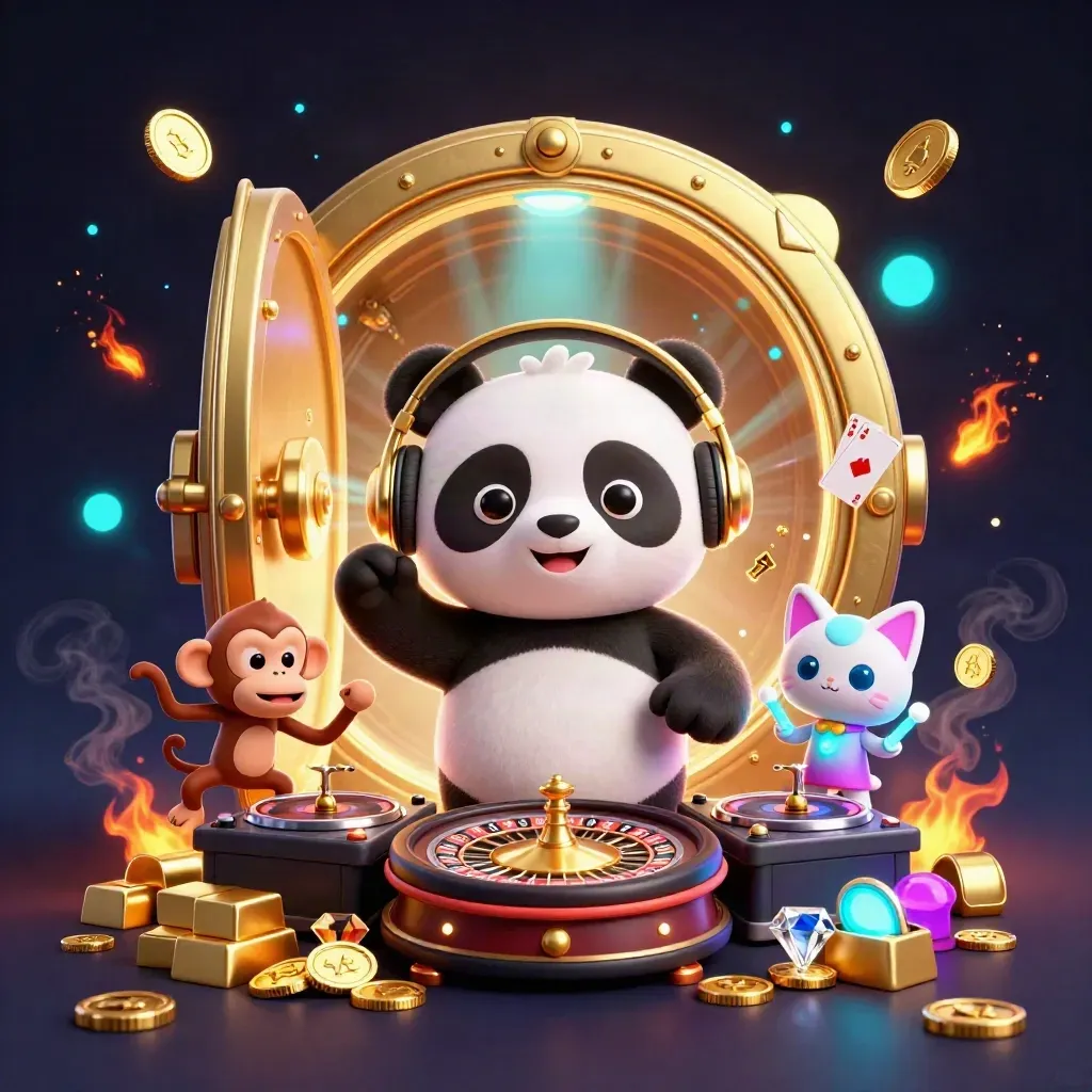DJ panda, dancing monkey, and glow-kitten amid vault gold, gems, and casino sparks