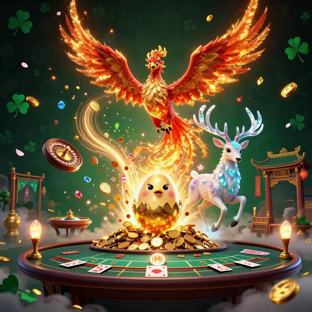 Phoenix trio bursts from a vault of coins with a stag, casino props, and glowing dark magic.