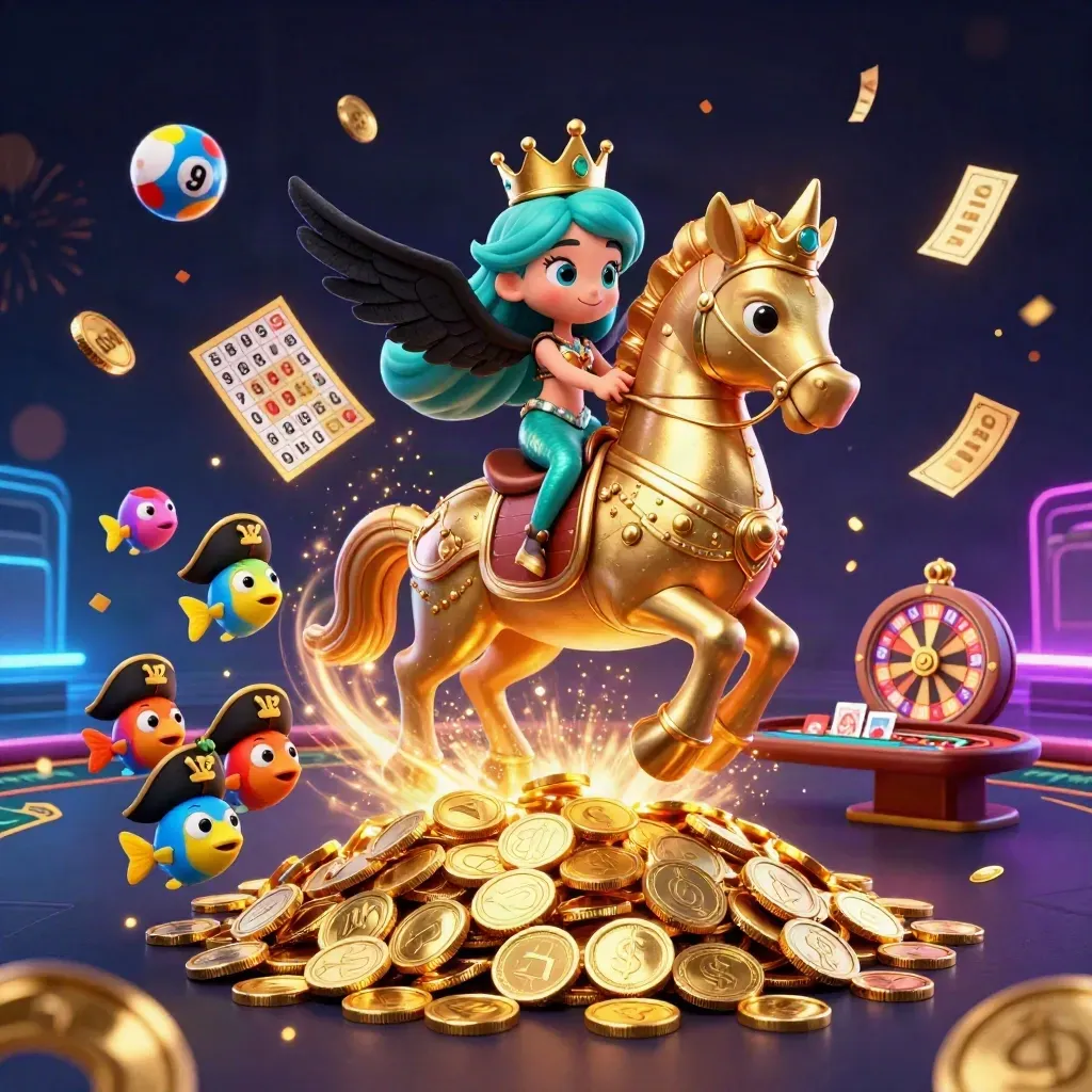 Mermaid princess on gold seahorse amid casino treasure, lottery balls, wheel, cards, fireworks