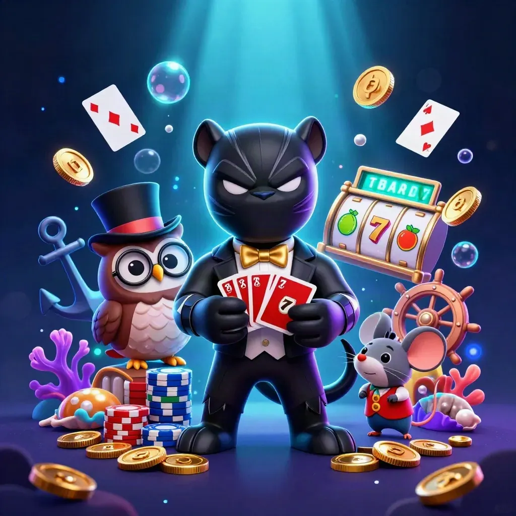 Panther, owl, and mouse deal casino cards amid a glowing underwater treasure cove with reels and coins.