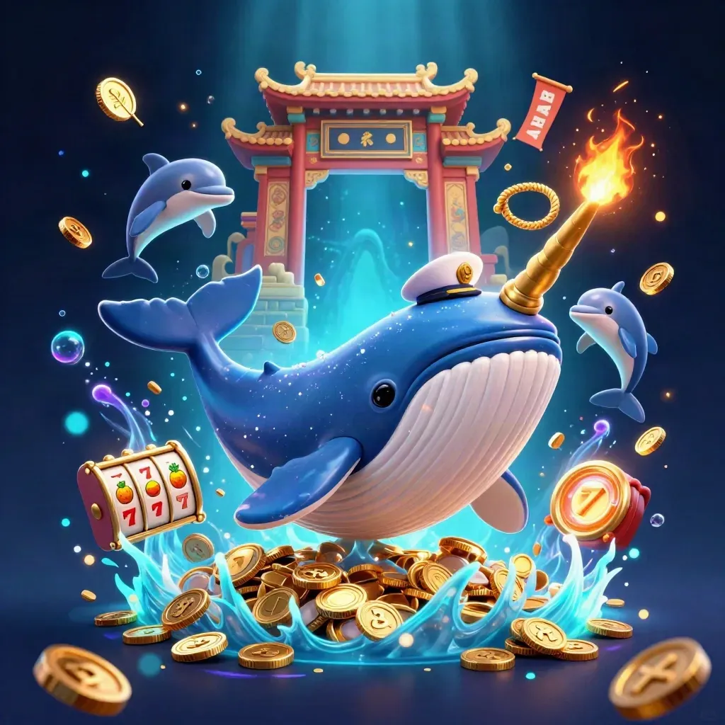 Whale captain, narwhal, and dolphins in a coin-filled neon casino splash scene.