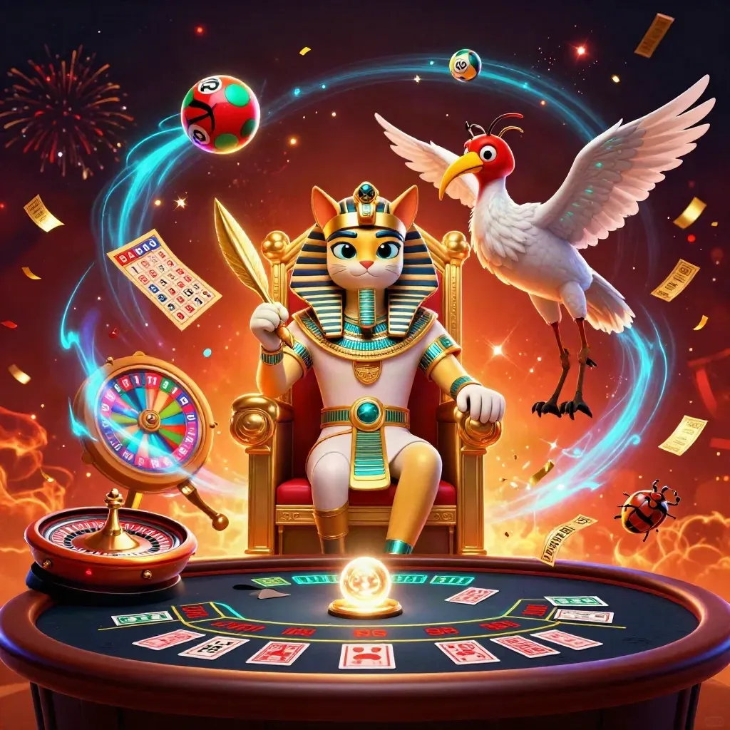 Pharaoh cat, ibis scribe, and gem-wing scarabs amid casino props and glowing effects