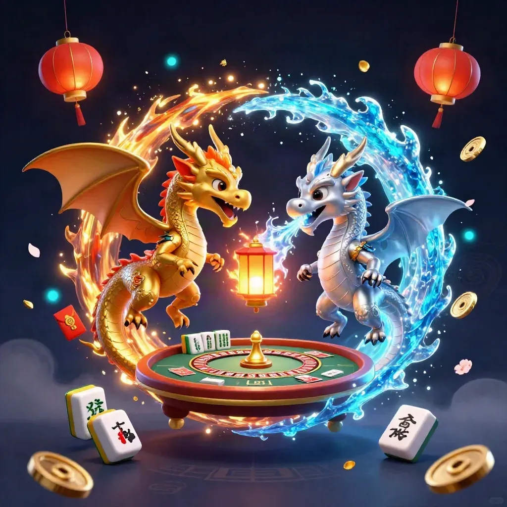 Twin dragons swirl with casino charms in a dark neon-gold fantasy scene.