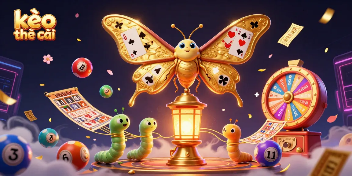 Experience exciting kèo nhà cái with a vibrant 3D illustration featuring a golden moth and dynamic casino elements.