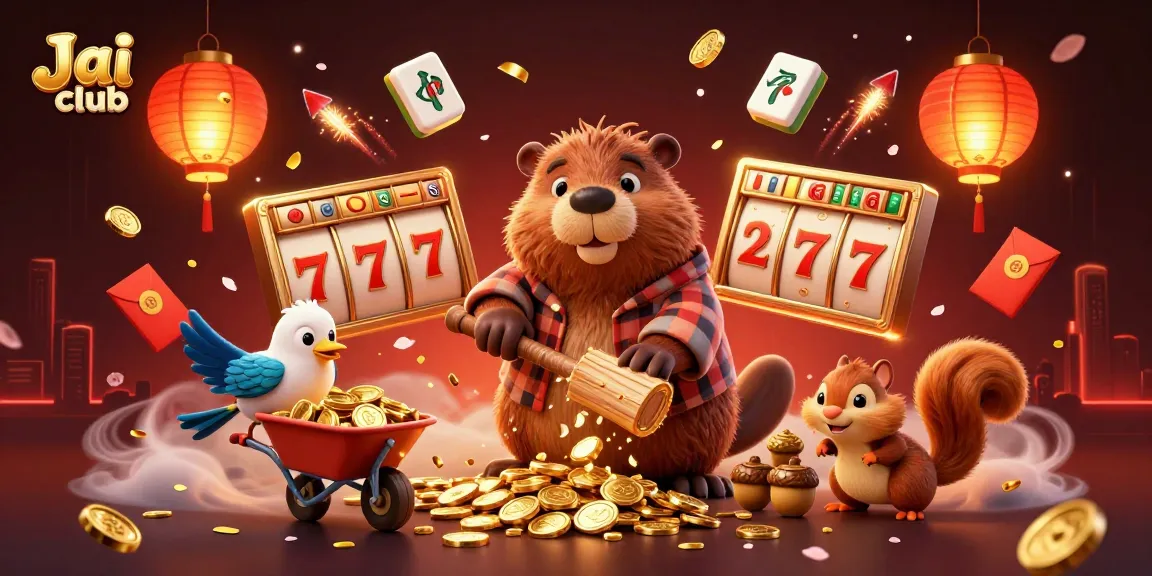 Join the excitement at Jai club with animated characters playing slots and collecting rewards.