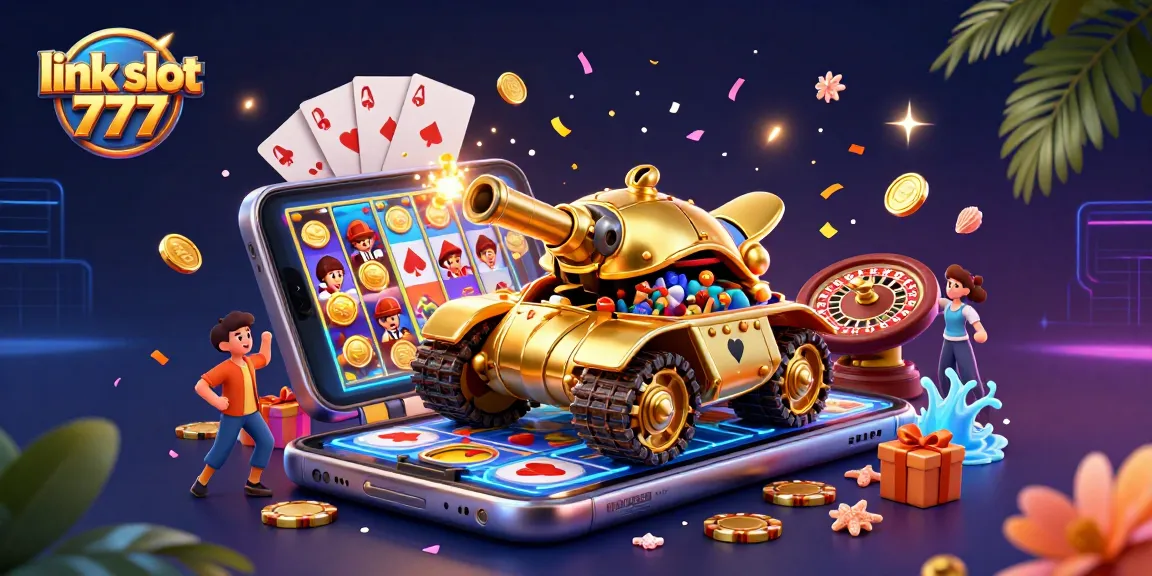 Experience the thrill of link slot 777 with a vibrant 3D casino scene, featuring golden beetle tank and slot games.