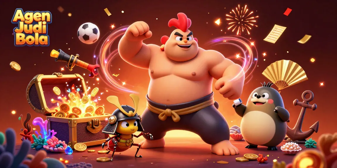 Agen Judi Bola showcases a dynamic scene with a sumo wrestler rooster and samurai cricket amid colorful gambling elements.